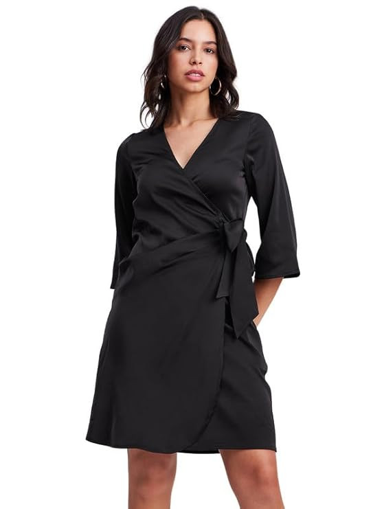 FableStreet Polka Print Bell Sleeves Dress - Black