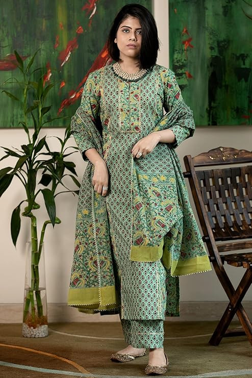GoSriKi Women's Rayon Blend Straight Printed Kurta with Pant & Dupatta