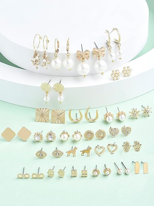 Zaveri Pearls Set of 25 Gold Tone Contemporary Studs & Drop Earrings For Women-ZPFK15140
