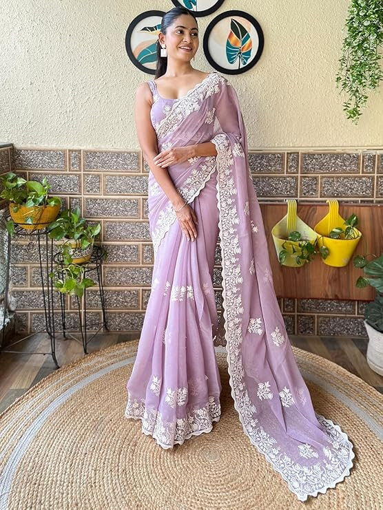 AKHILAM Women's Multicolor Georgette Embroidered Saree With Blouse Piece (KESARI5701_KR_Parent)
