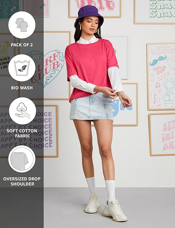 Amazon Brand - Symbol Women's Graphic Cotton Stretch Half Sleeve Round Neck Oversized Loose Fit T-Shirts