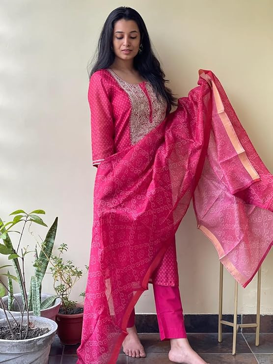 GoSriKi Women's Cotton Blend Straight Printed & Embroidered Kurta with Pant & Dupatta