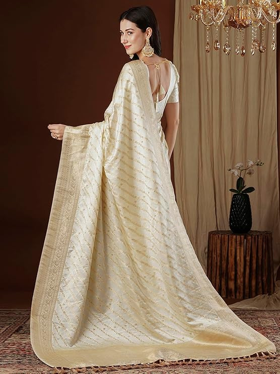 AKHILAM Women's Satin Silk Ethnic Motif Woven Design Saree With Unstitched Blouse