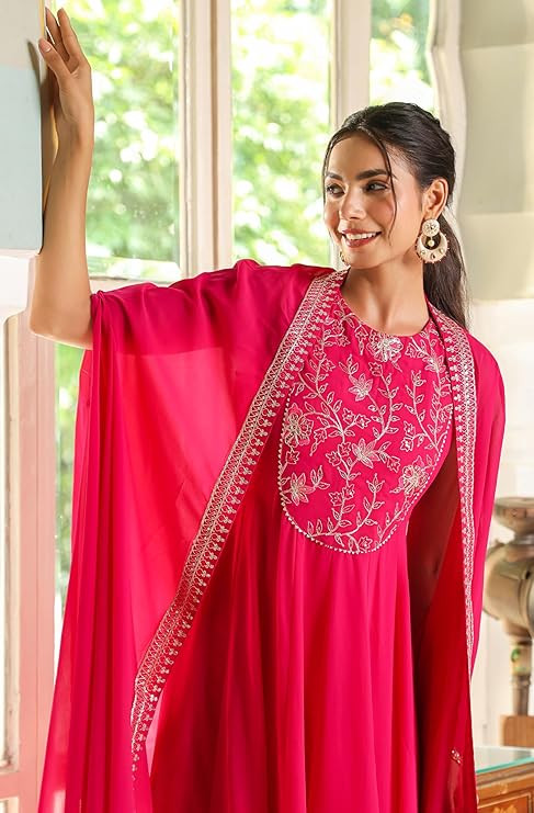 Janasya Women's Georgette Embroidered Anarkali Dress with Cape