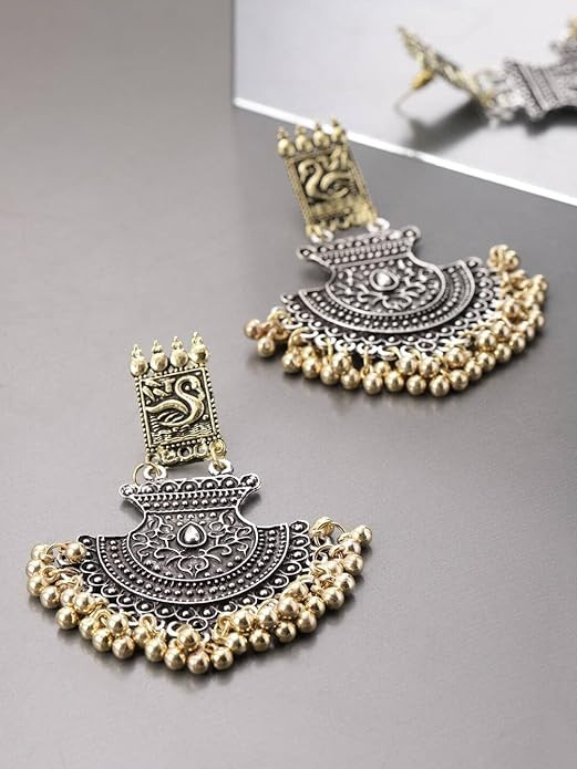 Dulcett India Black Metal Earrings Platted, Ethnic Antique Afghani Oxidised Silver Earrings with Gold and Silver (Dual Colour Silver and Golden Earrings for Women and Girls