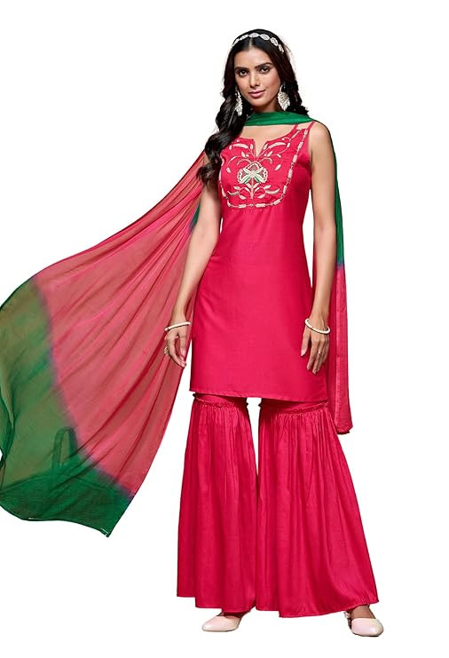 EthnicJunction Women's Cotton Silk Embroidered Straight Kurta Sharara with Dupatta Set