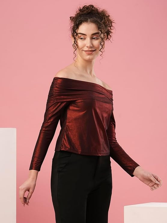 Globus Women Solid Pattern Long Sleeve Off Shoulder Neck Party Top