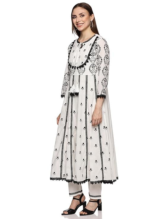 RAJMANDIRFABRICS Women's Cotton Floral Embroidered Anarkali With Lace Kurta Pant With Dupatta Set