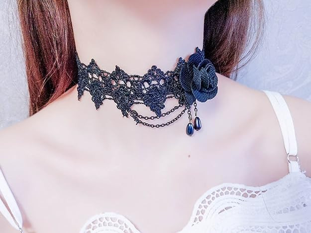 Shining Diva Fashion Jewellery Girls/Women's Black Fabric Lace Chokers Stylish Necklace Combo Set of 7 Pieces (cmb271)