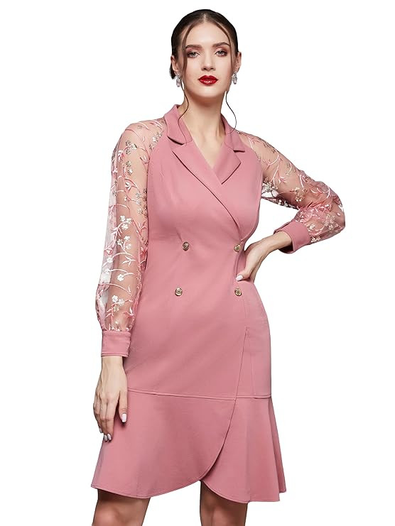 Miss Chase Women's Solid Embroidered Double Breasted Knee Length Dress