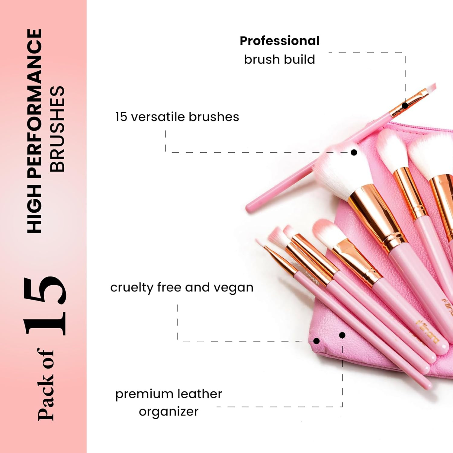 Minara Makeup Brush Set Of 15 With Easy To Carry Pouch