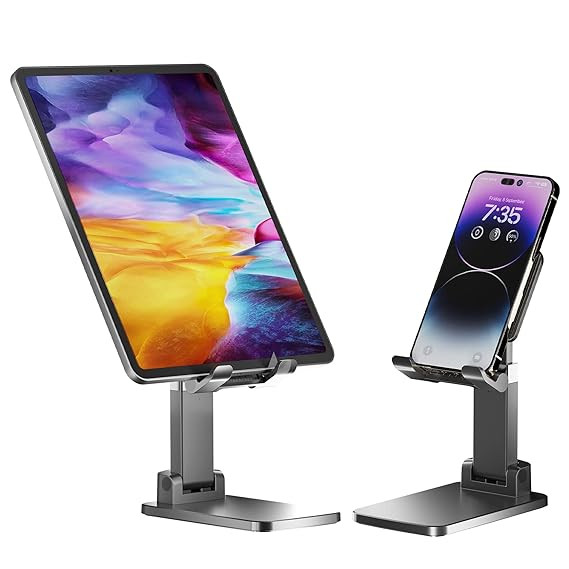 Ambrane Tablet & Mobile Holder for All Smartphones, Tabs, Kindle, iPad Mobile Holding Tabletop Stand, Height Adjustment, Foldable Design, Multipurpose, Anti-Skid Design