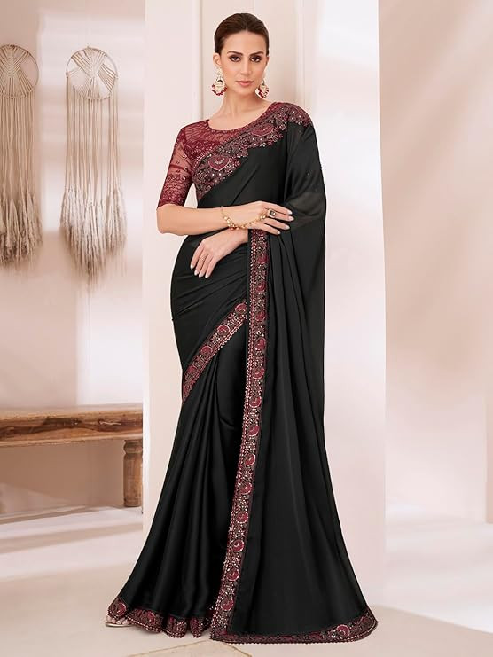 AKHILAM Women's Pure Chiffon Embellished Saree With Unstitched Blouse