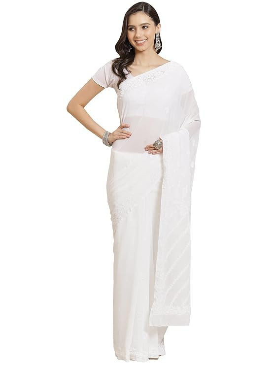 Ada Women's Lucknow Chikan Hand Embroidered Faux Georgette Saree With Blouse A129607 White
