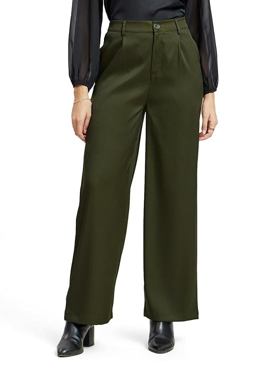 FableStreet Solid Wide Leg Trousers - Olive
