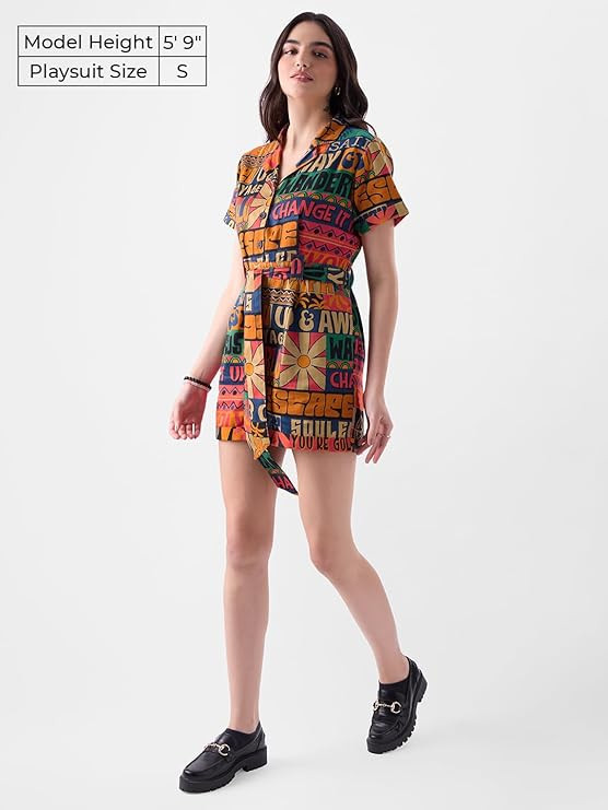 The Souled Store Traveller Women and Girls Short Sleeves Collared Neck Button Front Multicolor All Over Printed Cotton Mini Playsuits