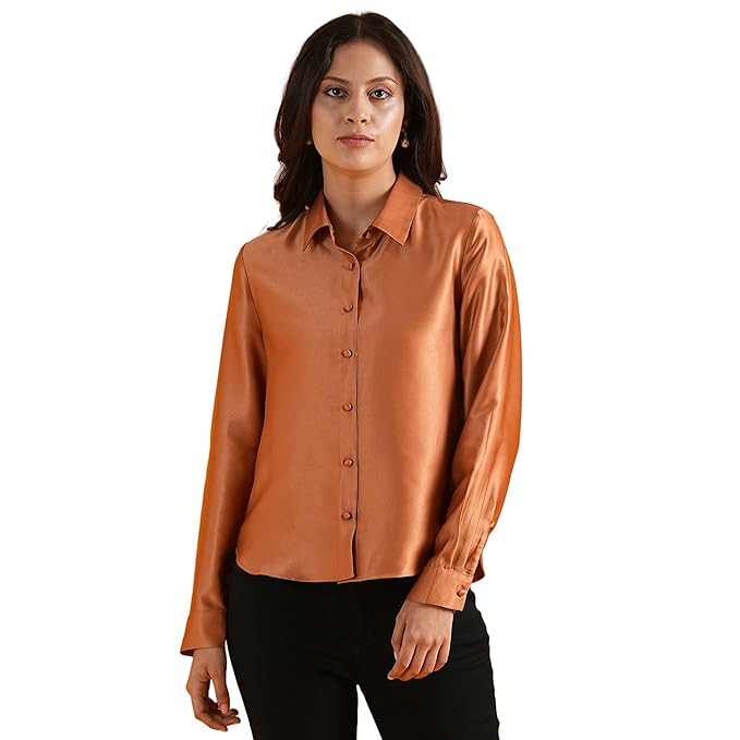 Globus Women Cuffed Sleeves Solid Satin Party Shirt