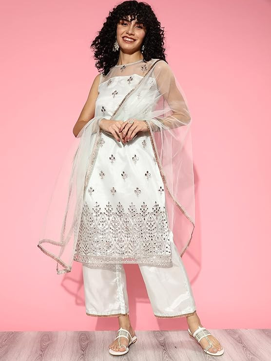 INDO ERA Women's Net Floral Embroidered Straight Kurta with Pant & Dupatta Set (22YYY4796_Blue)