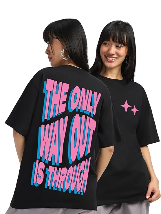 JUNEBERRY® 100% Pure Cotton Oversized Baggy Fit Front & Back The Only Way Out is Through Typographic Printed Black Round Neck T-Shirt for Women & Girls