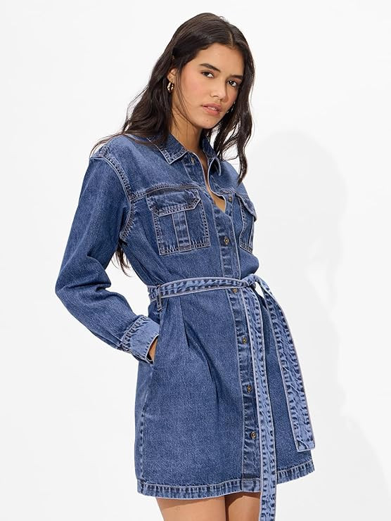 The Souled Store Iris Women and Girls Long Sleeves Collared Neck Button Front Cotton Blend Denim Shirt Mini Dresses
